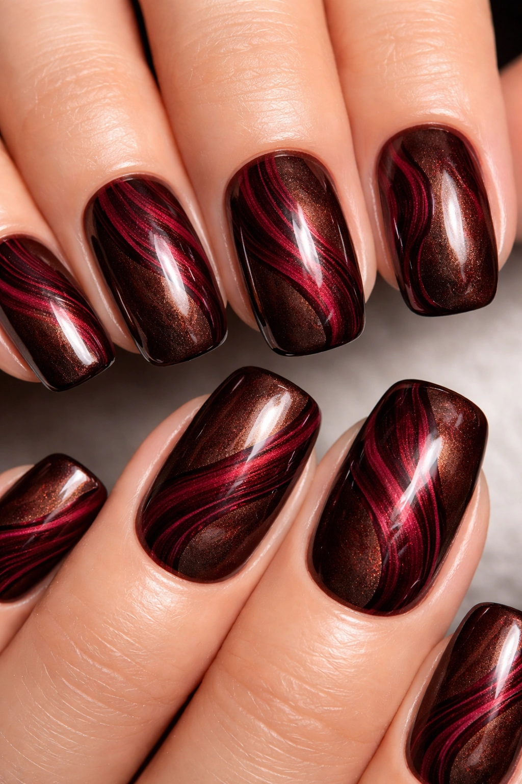 Chocolate brown shimmer nails with burgundy marbled swirl on squoval tips