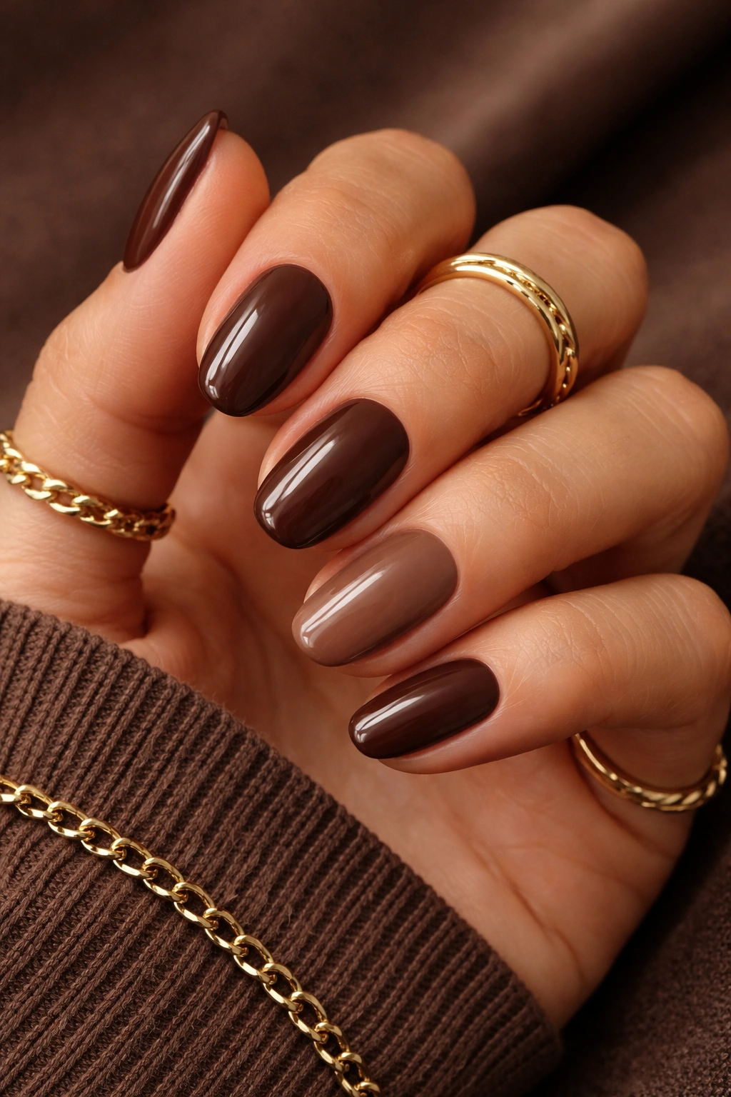 Close-up of chocolate brown nails with glossy finish