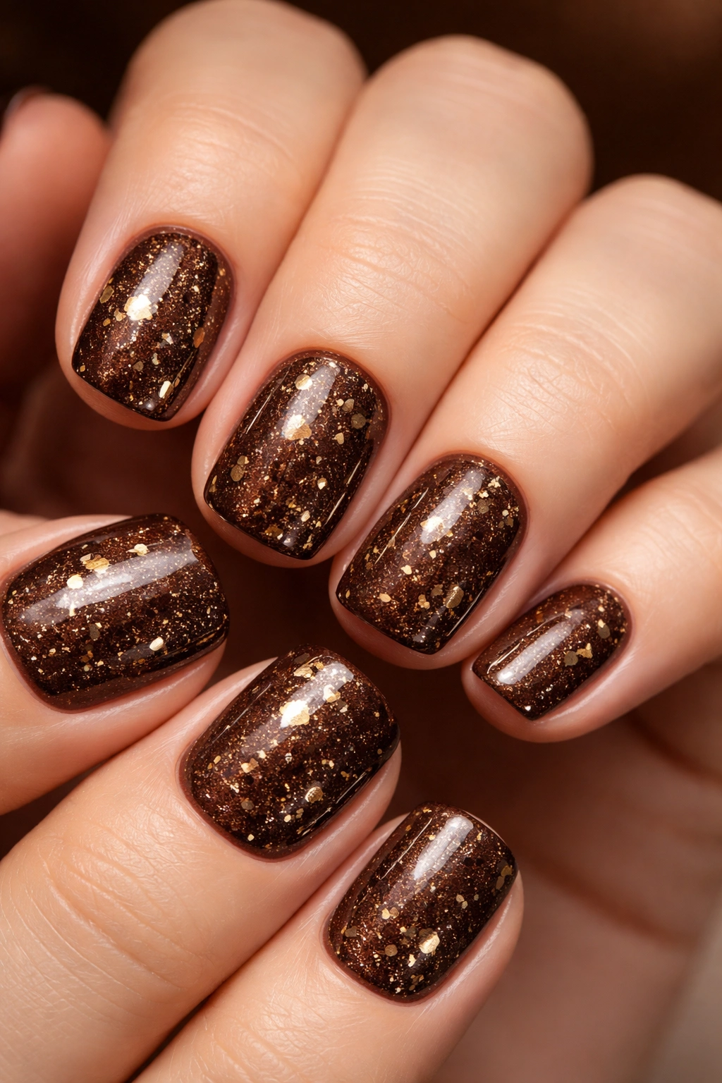 Close-up of short squoval nails in chocolate brown with gold flecks under warm studio lighting