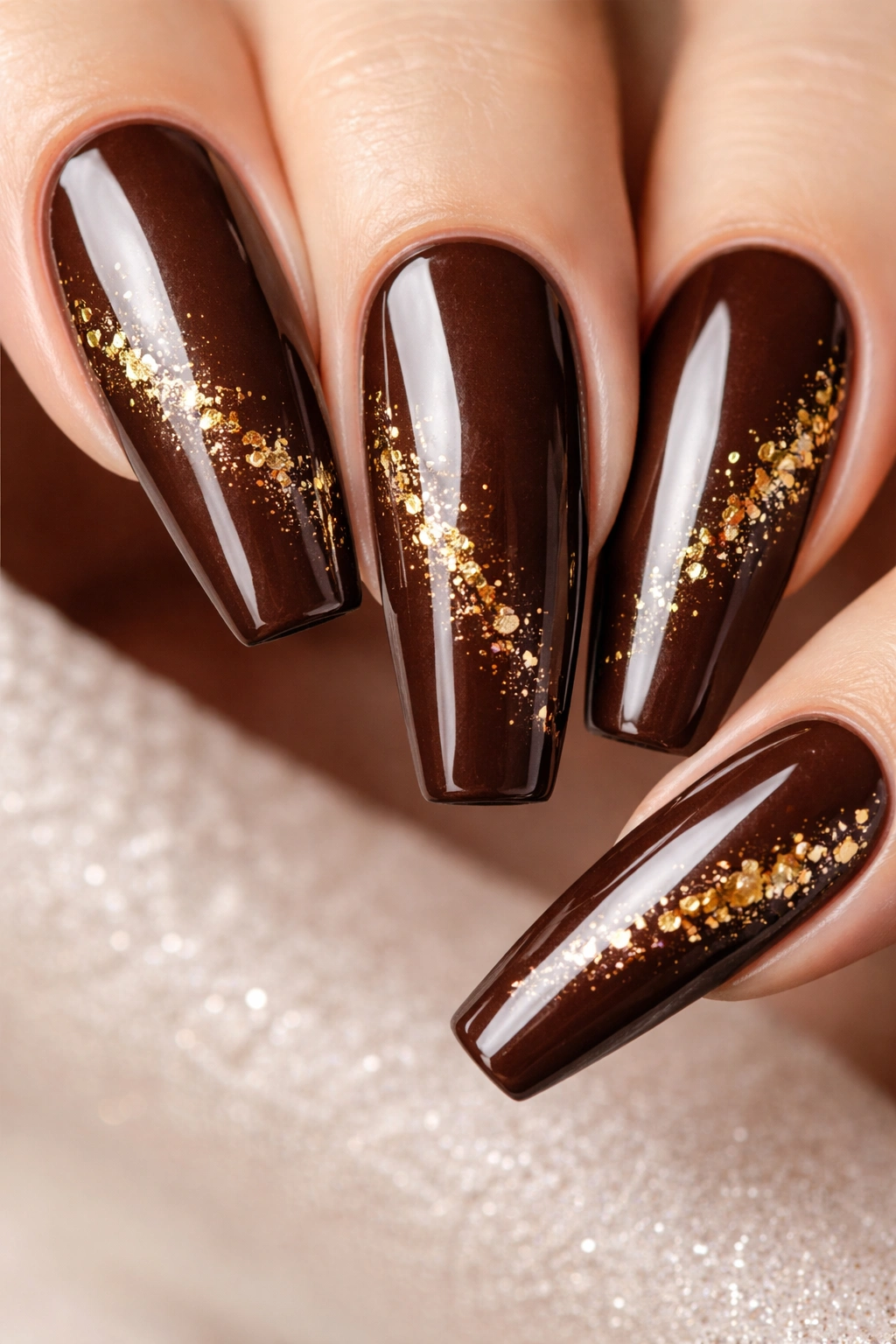 Close-up of chocolate brown glossy nails with gold foil flecks
