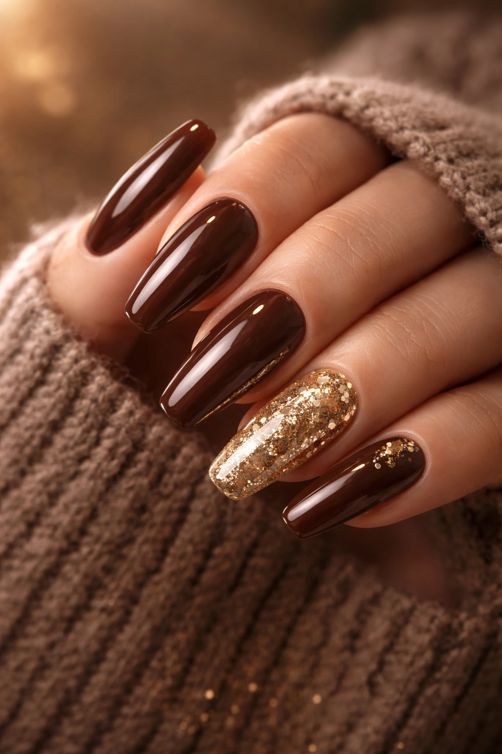 Close-up of brown nails with gold glitter accents, glossy finish.