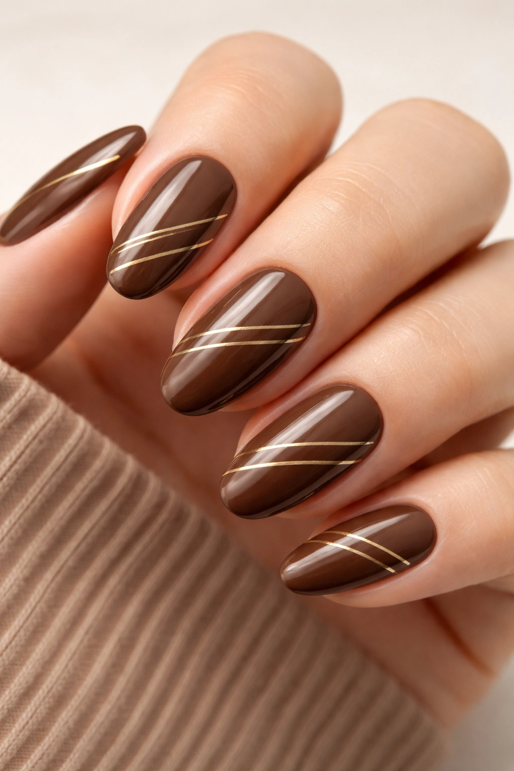 Close-up of brown nails with thin gold stripes.