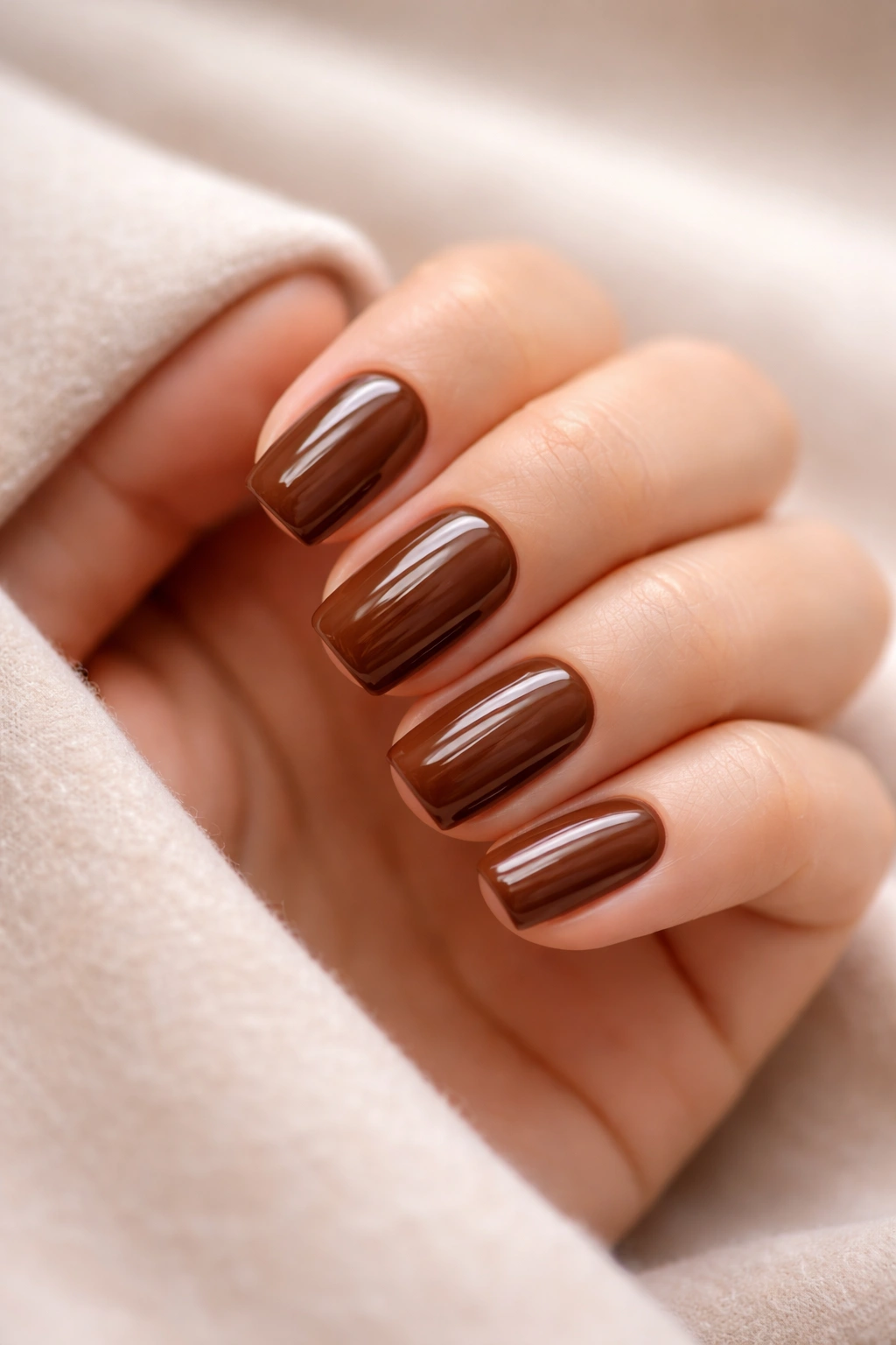 Close-up of hand with glossy brown nails on neutral background
