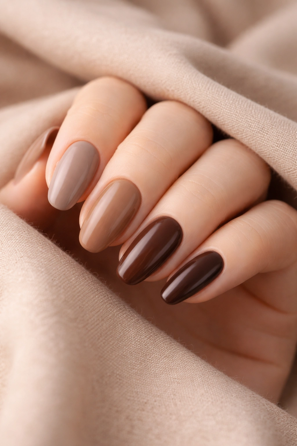 Close-up of pale-skinned hand showcasing brown nail shades from taupe to espresso.