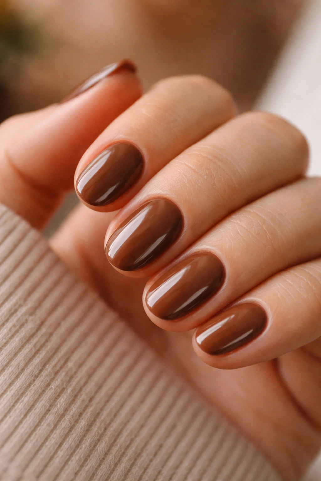 Close-up of brown short oval nails with warm earthy brown polish, neatly shaped