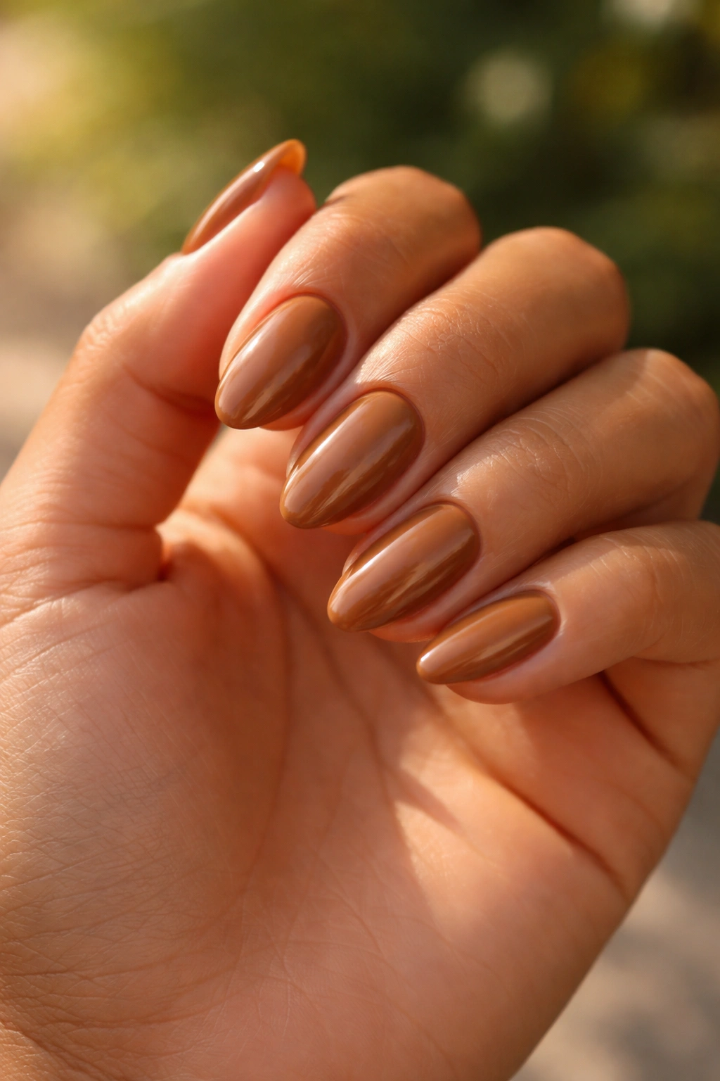 Close-up of a hand with almond nails painted warm caramel brown in natural daylight