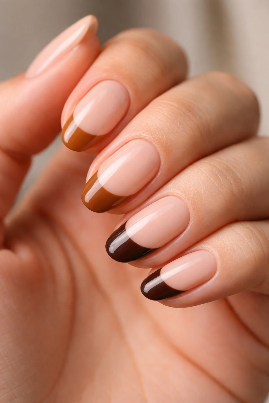 Close-up of a hand with short almond nails showing a three-tone brown gradient on the tips against a nude base