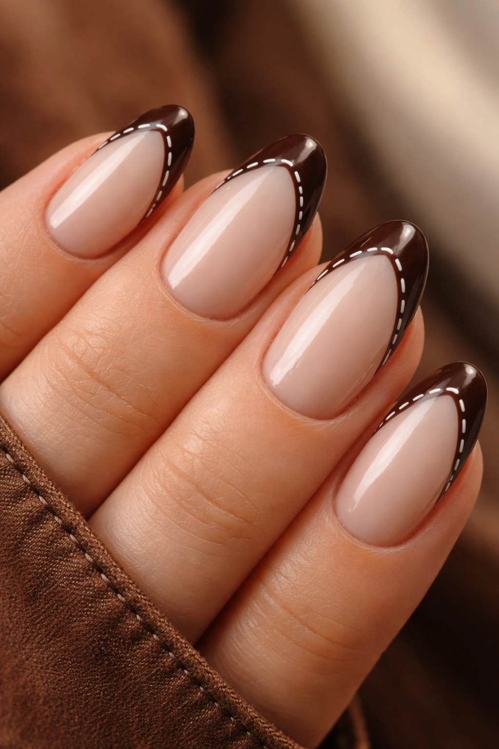 Short almond nails with chocolate brown tips and white stitch details