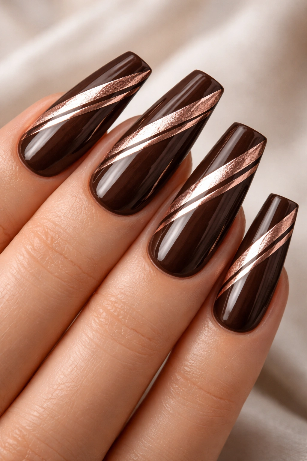 Close-up of chocolate brown coffin nails with diagonal rose gold stripes