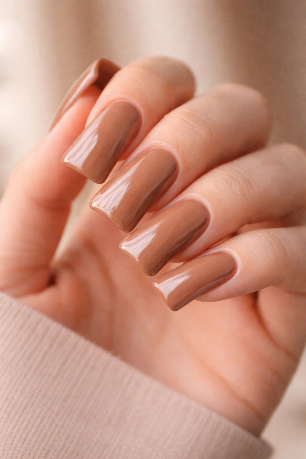 Close-up of warm brown nude duck nails on a hand with a glossy finish