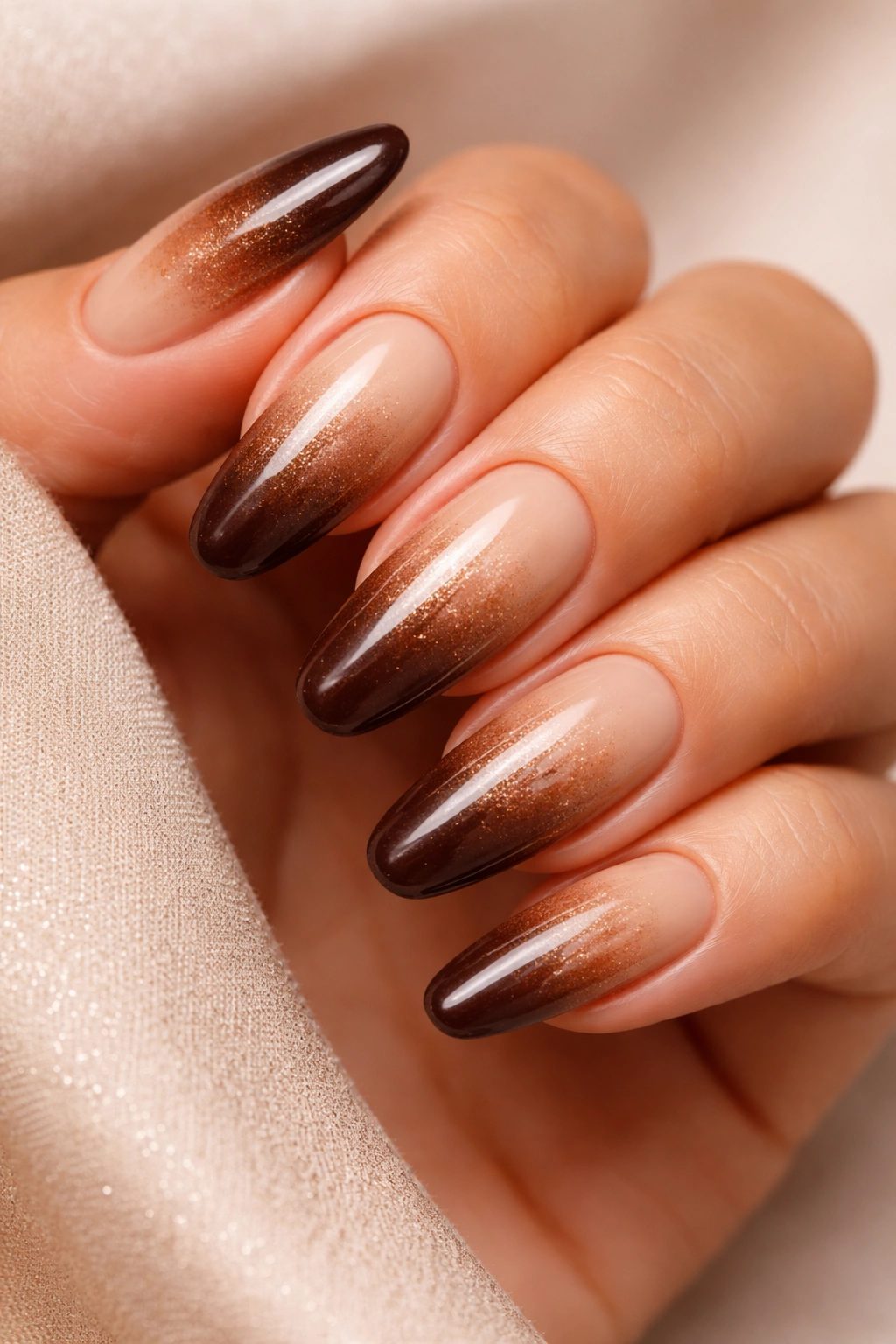 Close-up of brown ombre nails with beige to chocolate gradient and gold shimmer