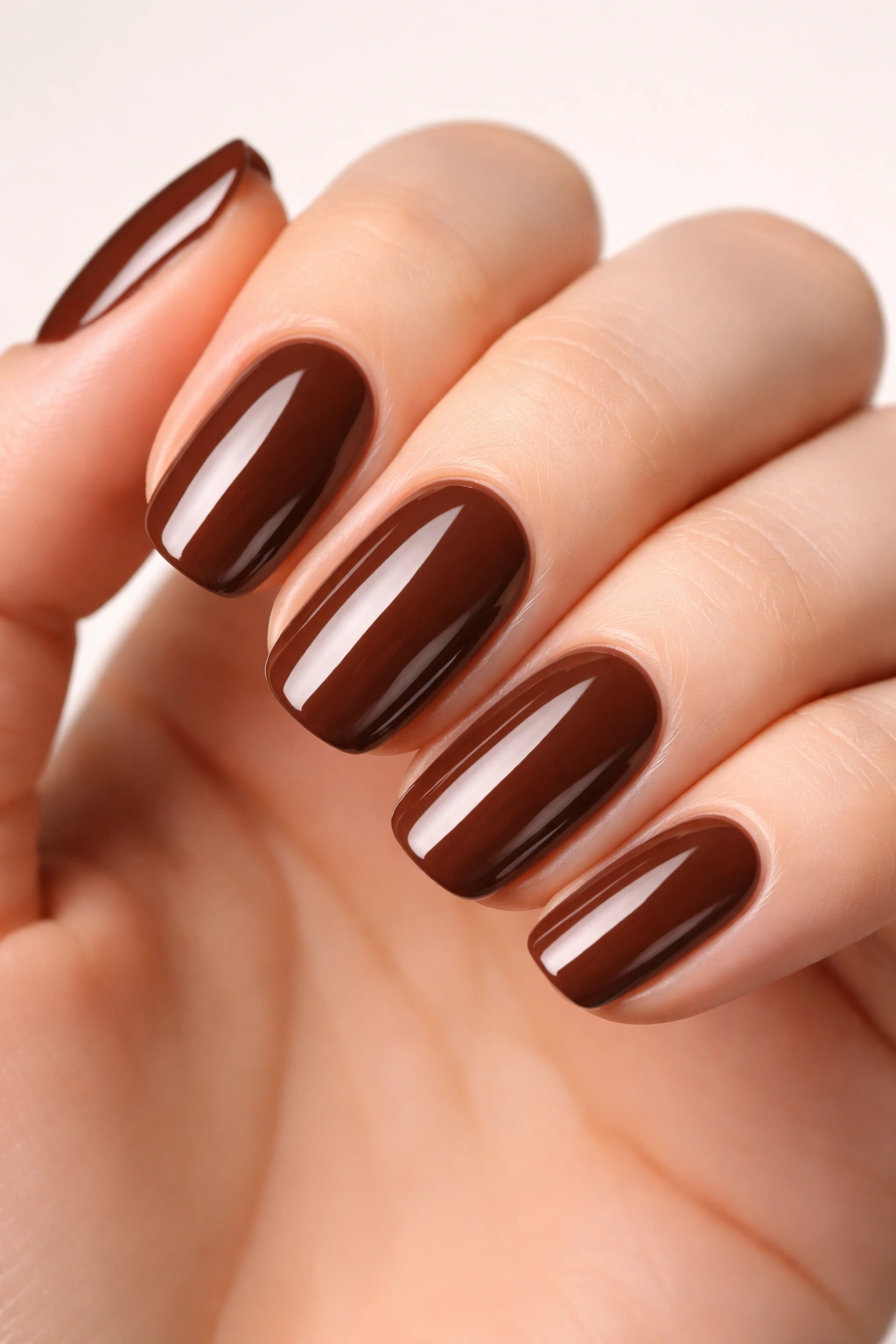 Close-up of hand with brown nails showing smooth color and glossy finish to illustrate longevity tips.