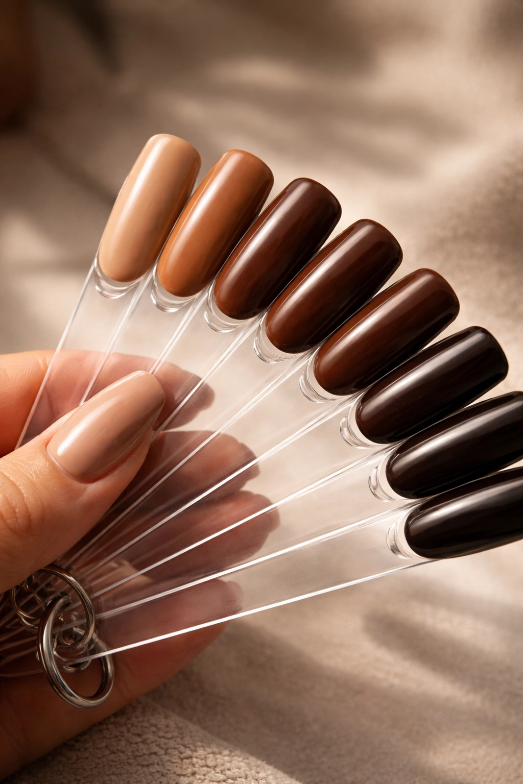 Close-up of brown nail polish color swatches in varying shades