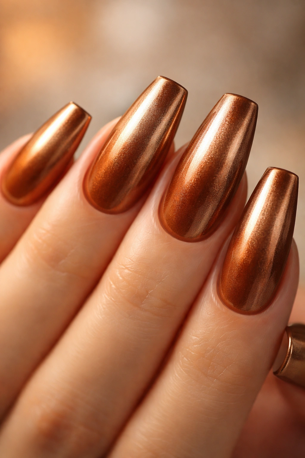 Close-up of bronze-chrome nails on a warm base with a reflective finish