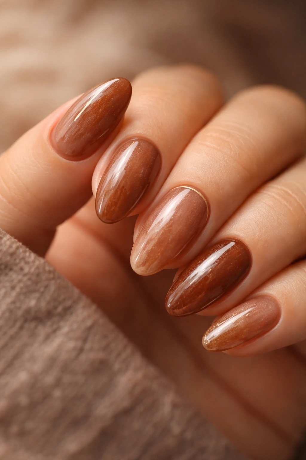 Close-up of short almond polygel nails in warm brown sugar tones with translucent depth