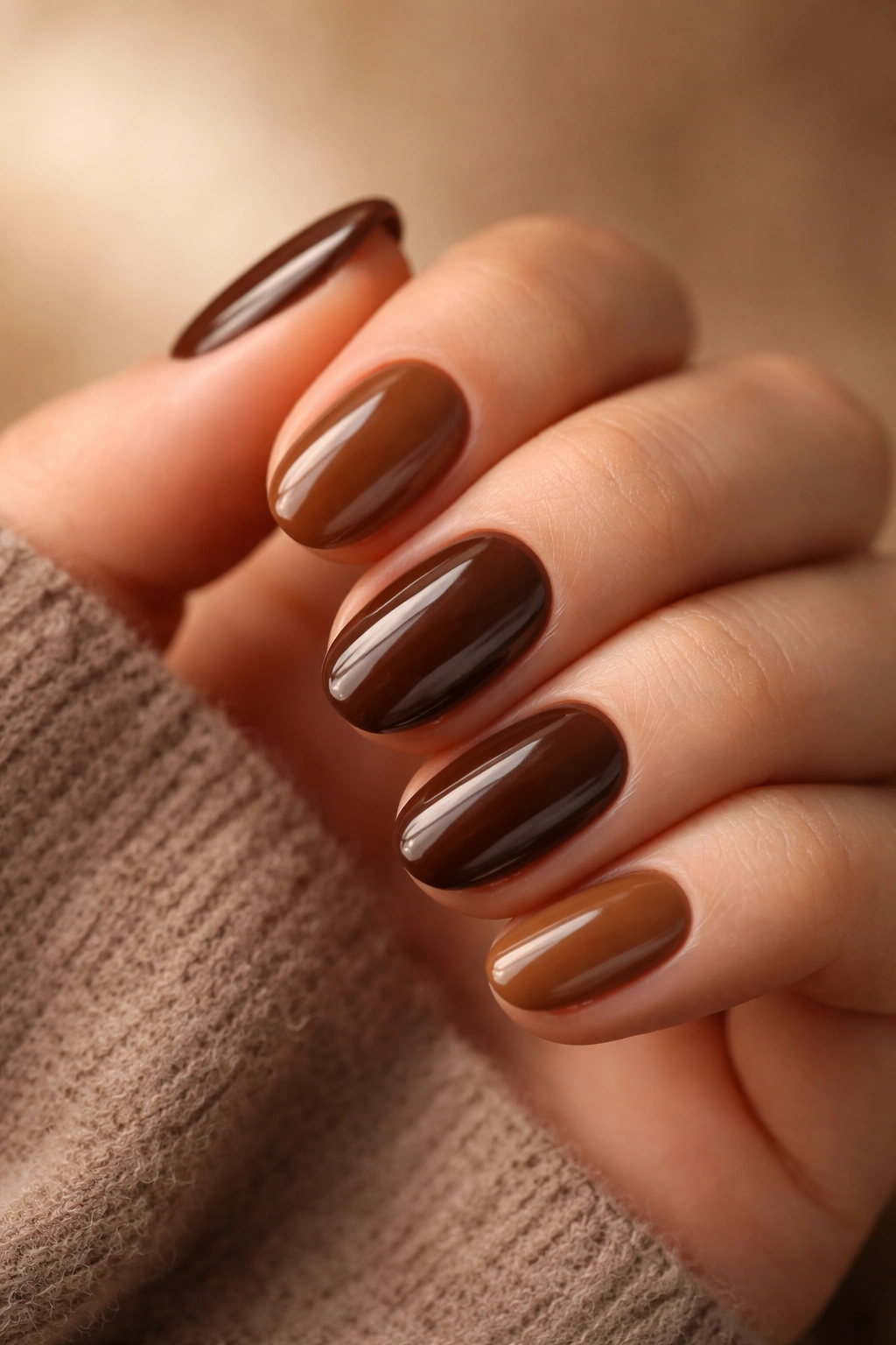 Close-up of short oval nails in warm brown tones with a glossy finish on a hand