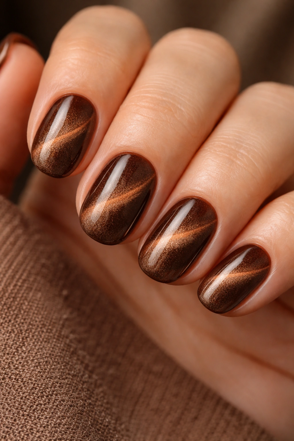 Close-up of short oval Brown Velvet Nails showing a magnetic cat-eye line