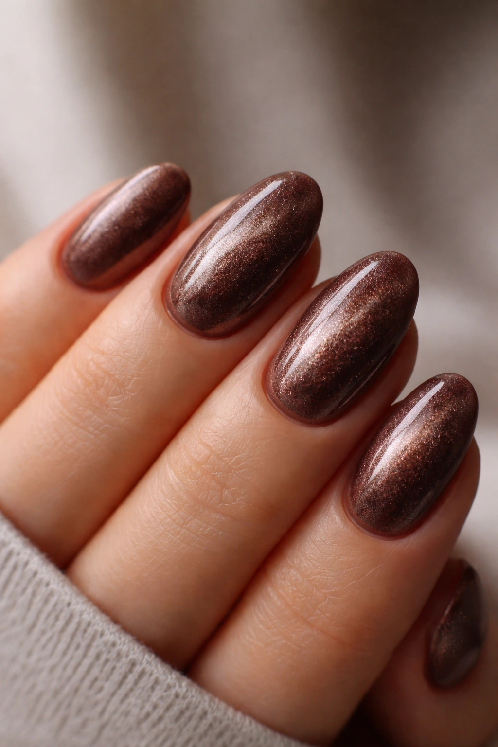 Short almond nails with brown velvet texture and soft shimmer