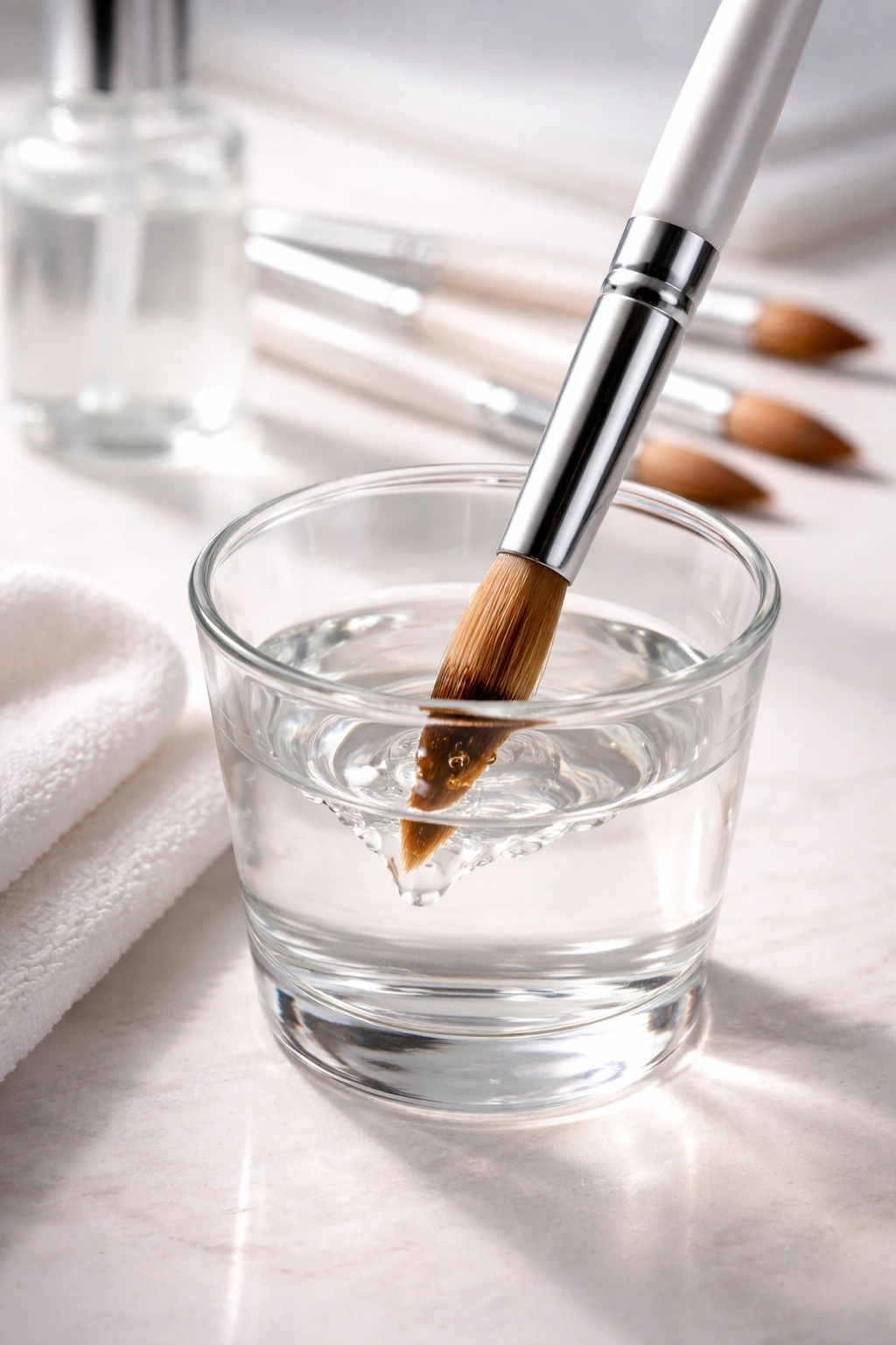 Acrylic brush being cleaned in a clear cup in a clean workspace