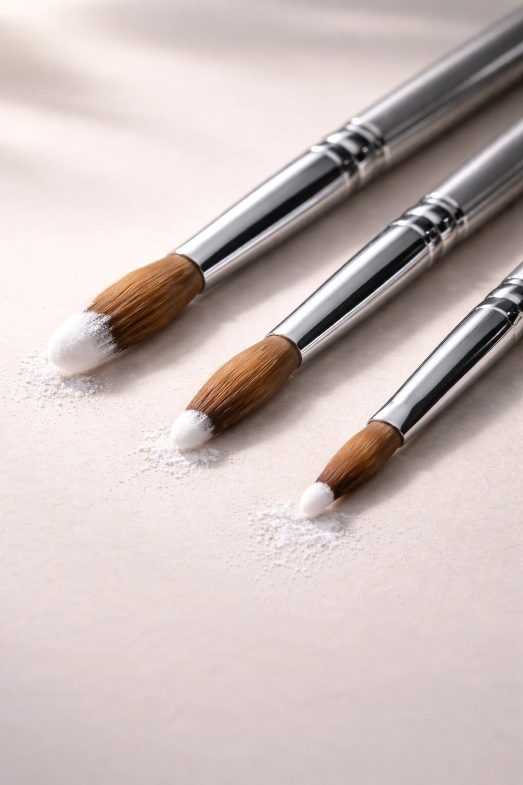 Close-up of three acrylic brushes with varying head sizes on a neutral surface