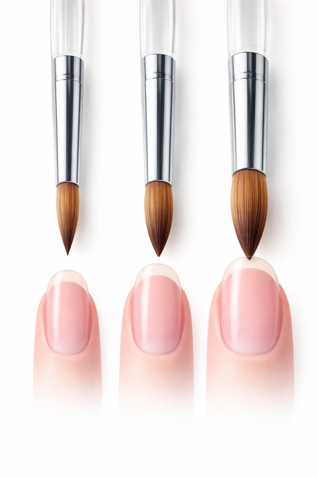 Three brushes of varying sizes above a nail bed silhouette to illustrate size matching