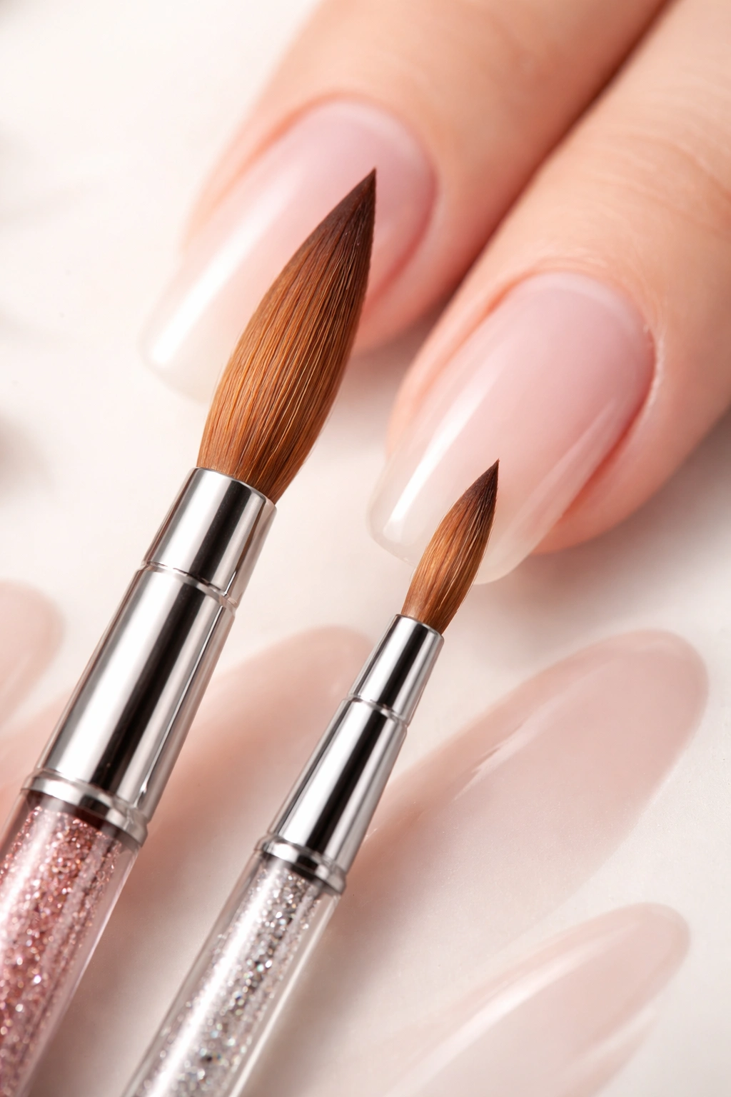 Two brushes of different sizes above a nail bed silhouette showing sizing mistakes