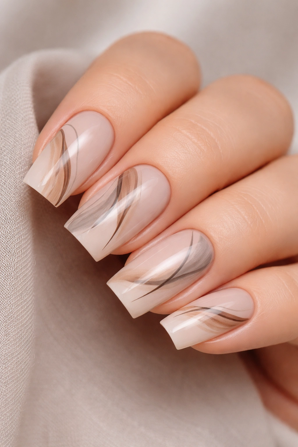 Nails with minimalist neutral brush strokes on soft square tips.