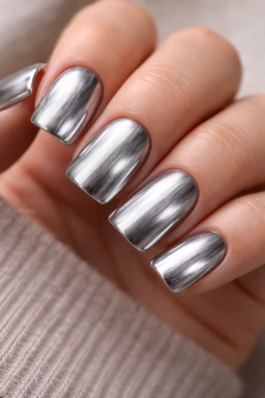 Close-up of short nails with brushed chrome texture and directional brush strokes