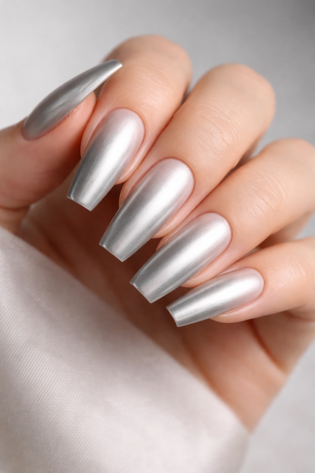 Close-up of a ballerina nail with brushed satin silver finish