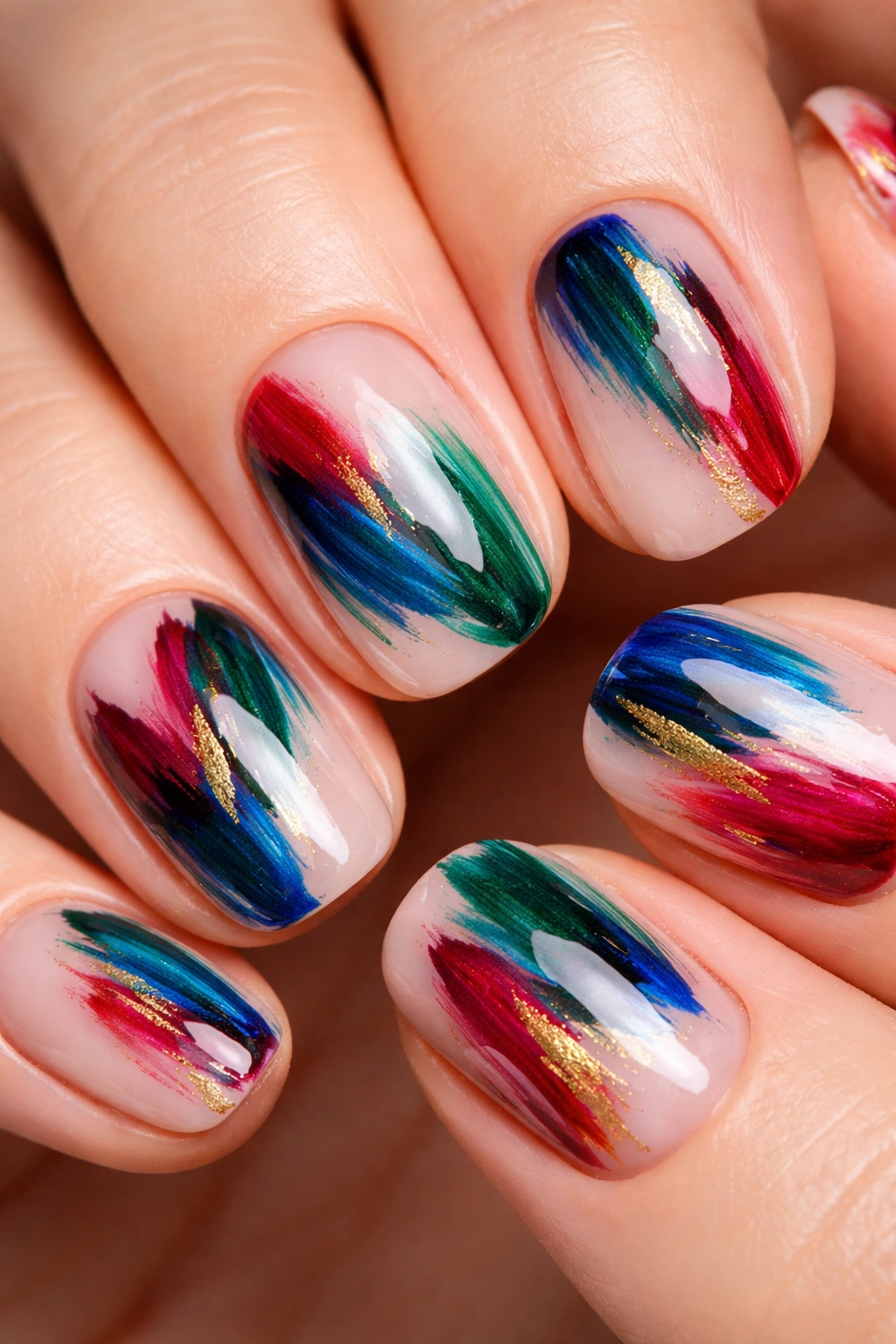 Nails with jewel-tone brushstroke abstract art