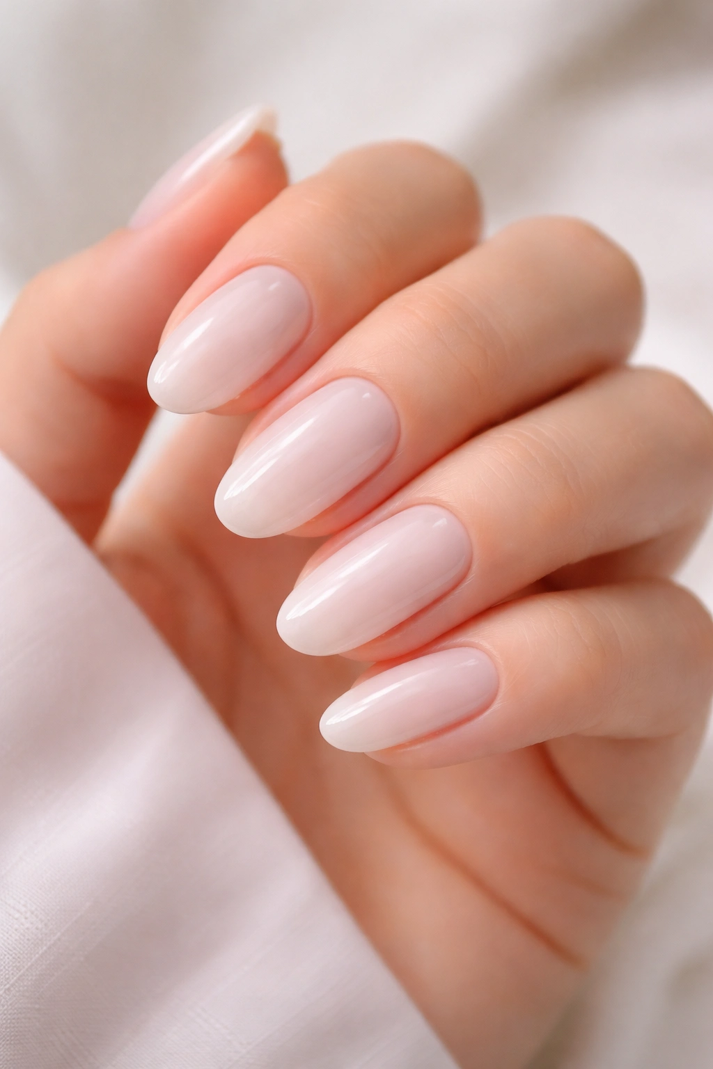 Close-up of milky white bubble bath nails with high-gloss finish