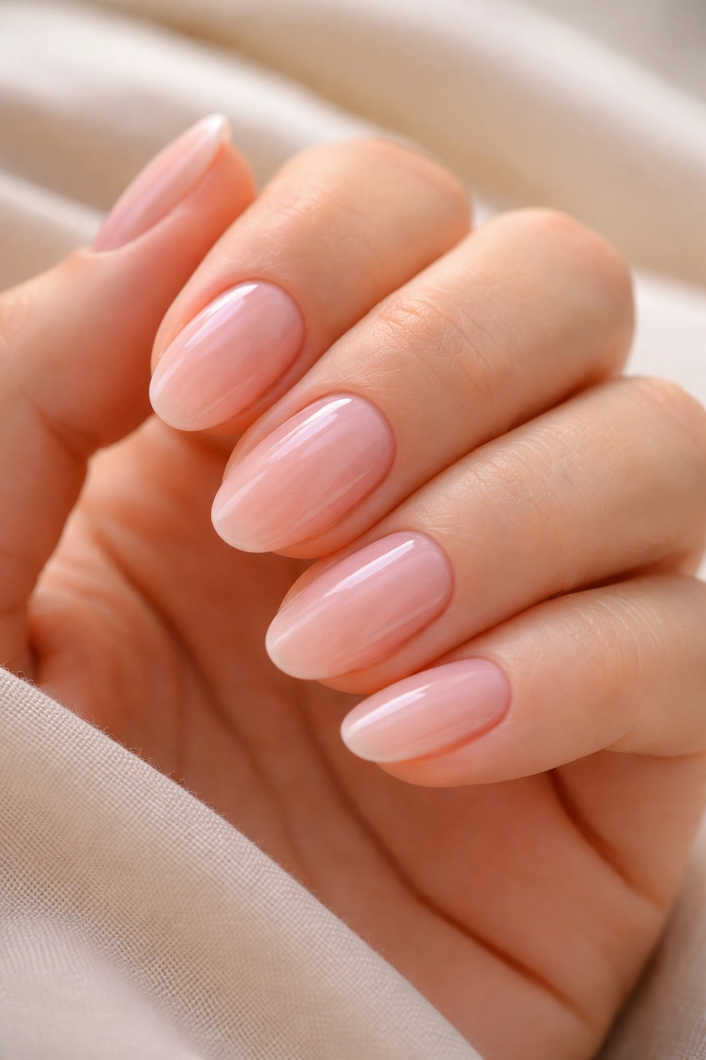 Close-up of bubble bath pink almond nails with translucent warm pink