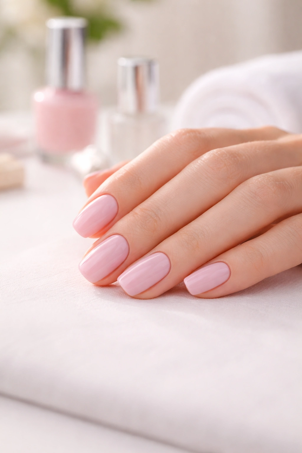Hand with bubble-free manicure in a calm setup