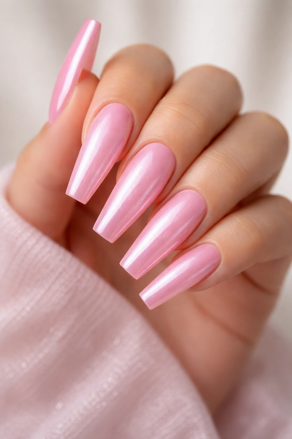 Close-up of long coffin nails in bubble gum pink with pearl finish on a neutral surface