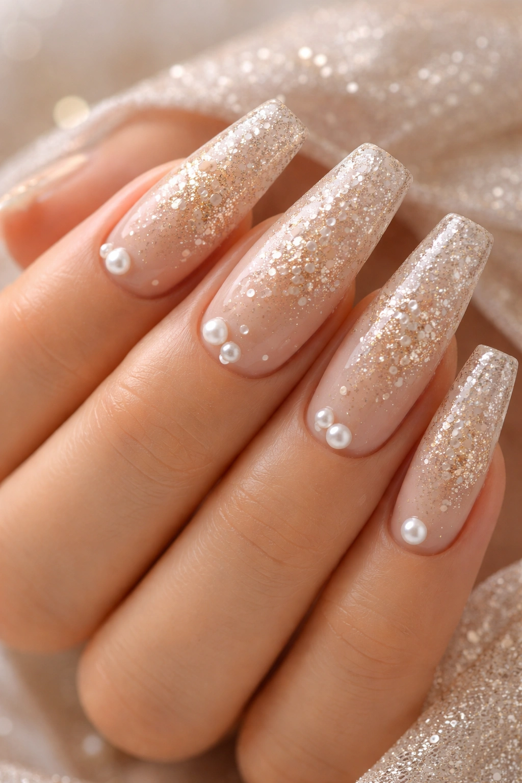 Champagne bubble nails with pearl accents close-up