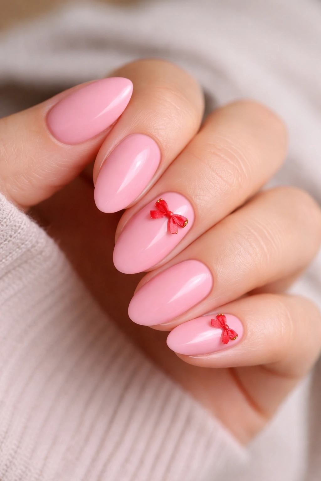 Bubble pink nails with tiny red bow accents on accent nails