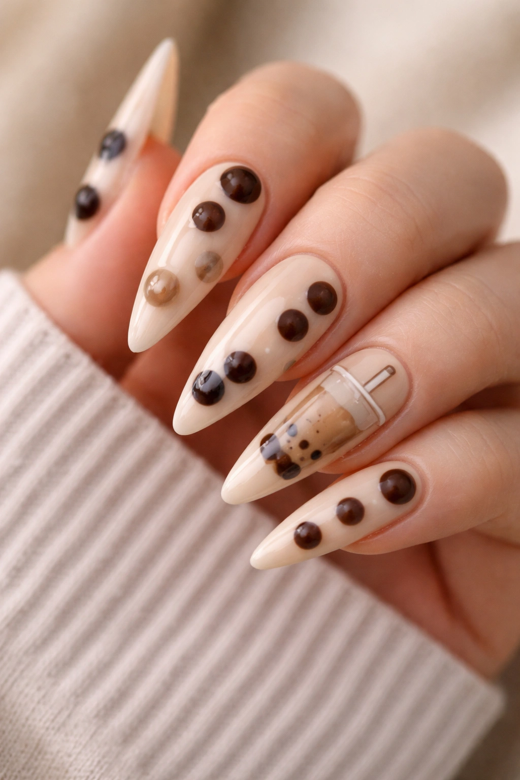 Stiletto nails with milk-tea base and scattered boba pearls in varying sizes