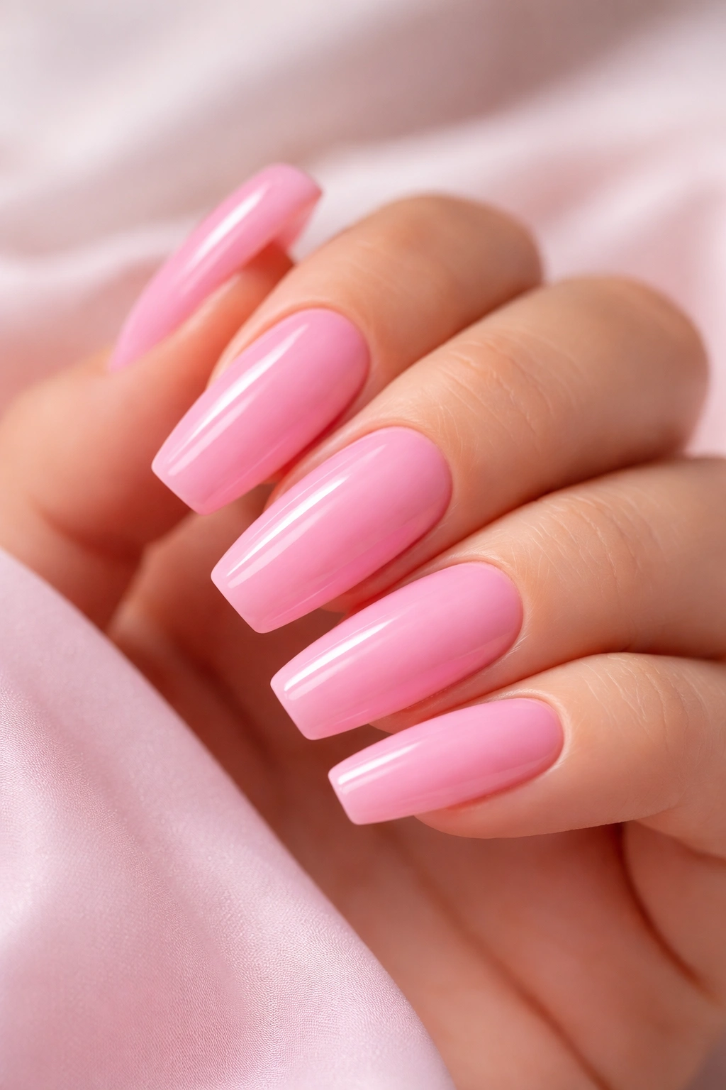 Close-up of glossy bubblegum pink acrylic nails on a hand