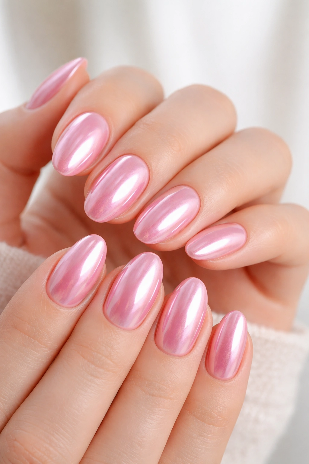 Close-up of short almond nails with bubblegum pink chrome