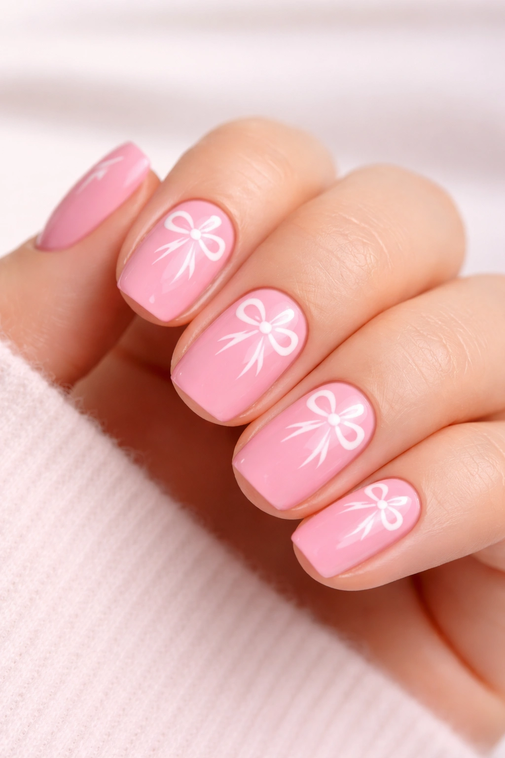 Close-up of glossy bubblegum pink nails with white bow designs on short squoval nails