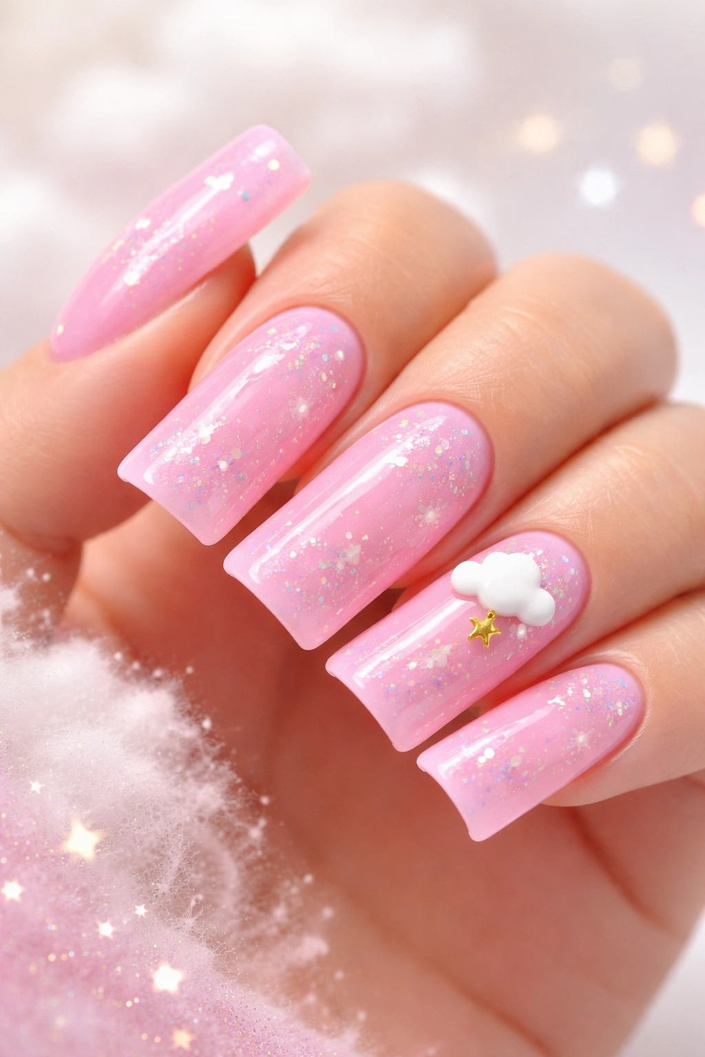 Bubblegum pink nails with a tiny cloud charm and sparkles