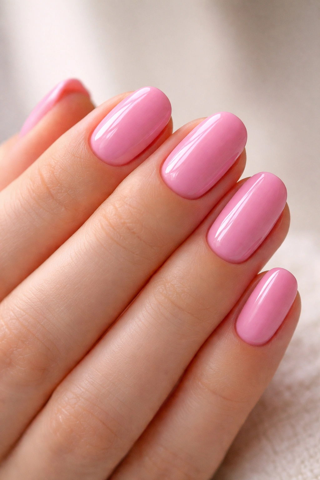 Close-up of short oval nails in bubblegum pink with a glossy finish