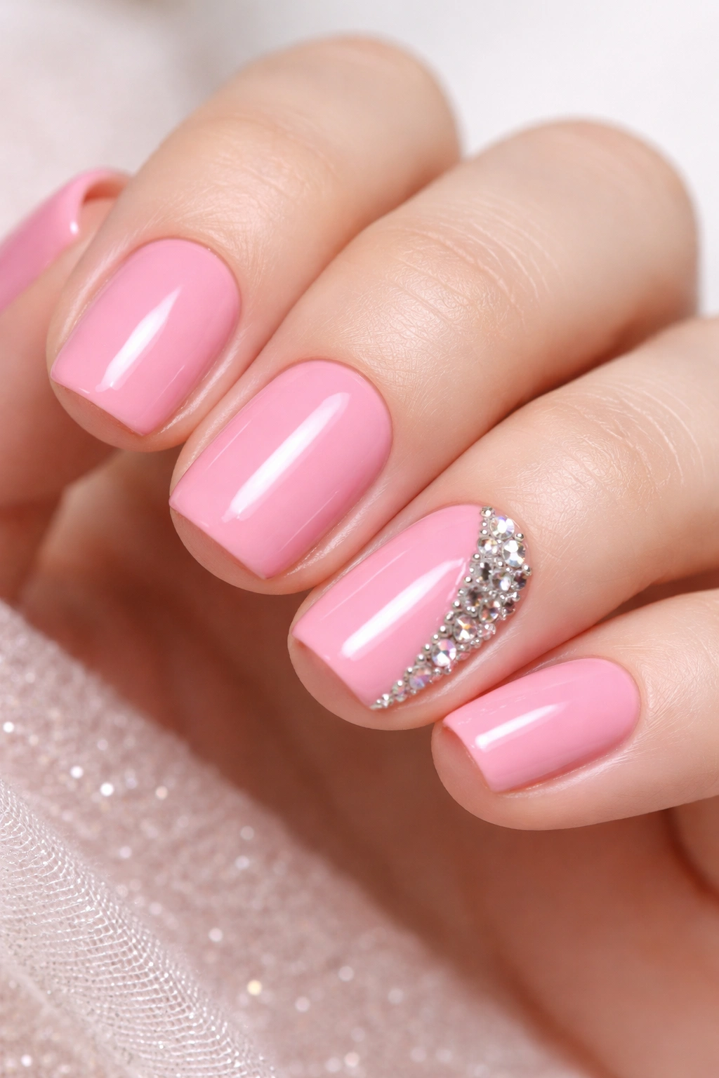 Bubblegum pink nails with rhinestones accent