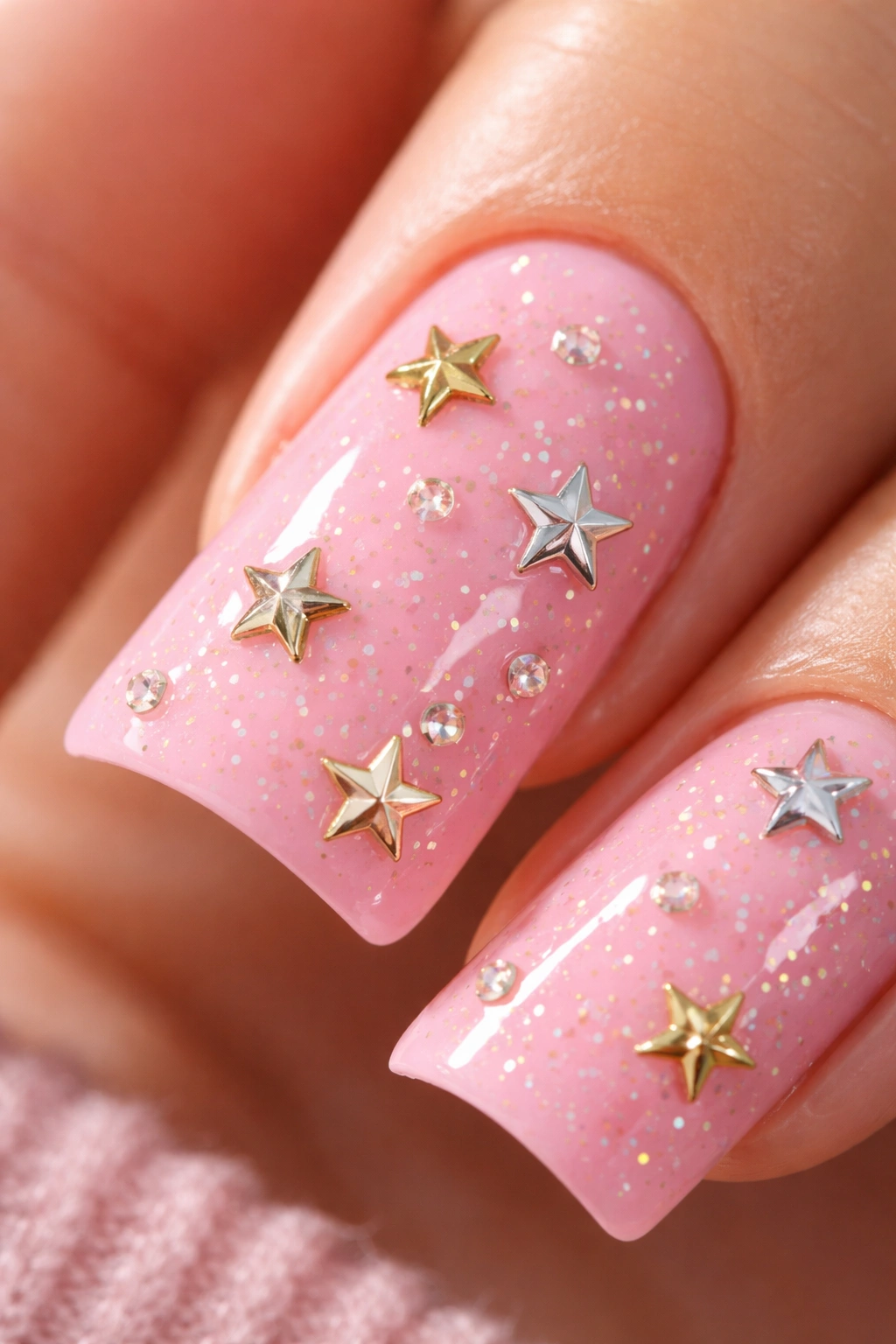 Close-up of a bubblegum pink nail with star charms