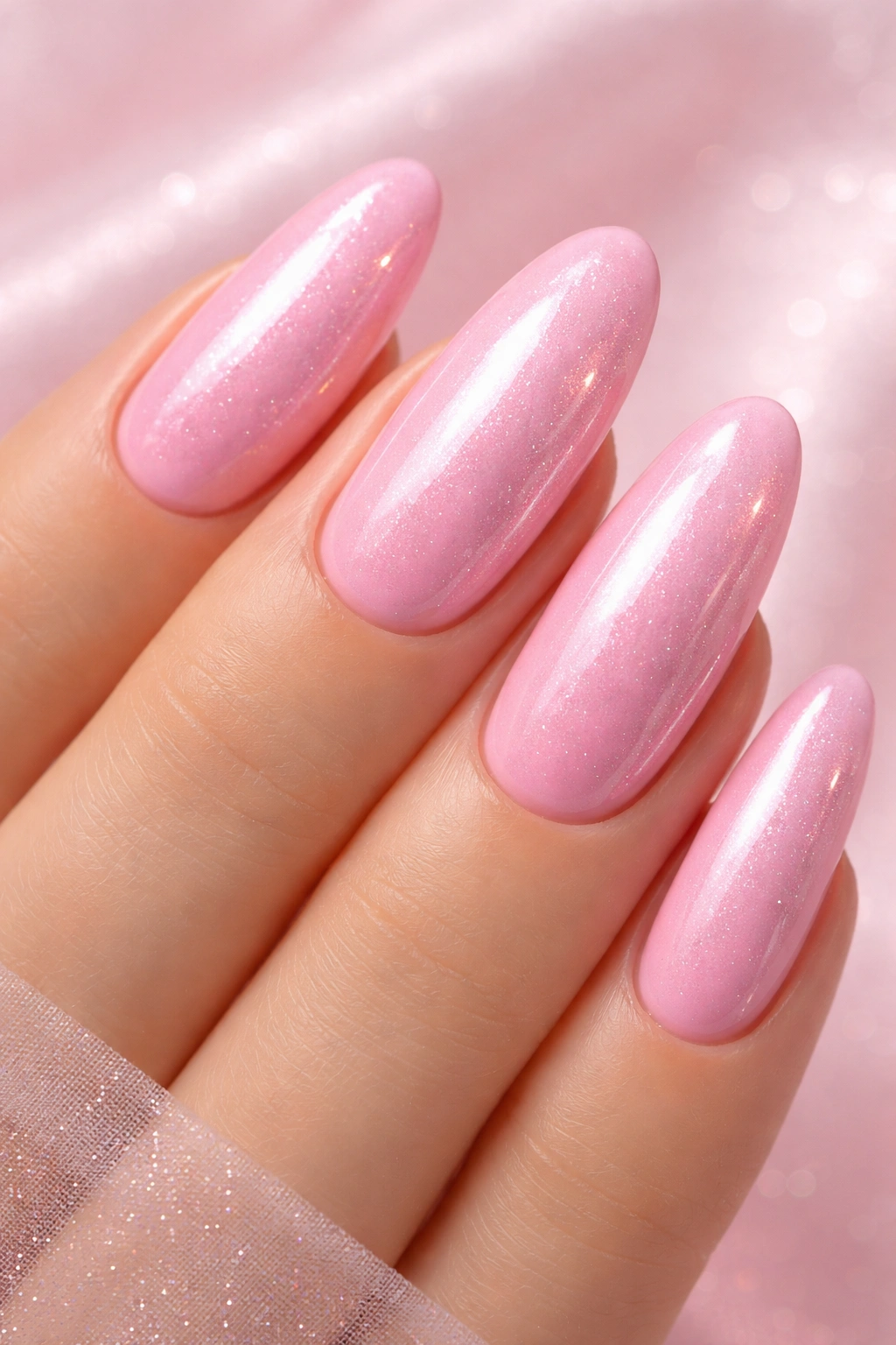 Close-up of bubble gum pink nails with pearl effect and sparkle