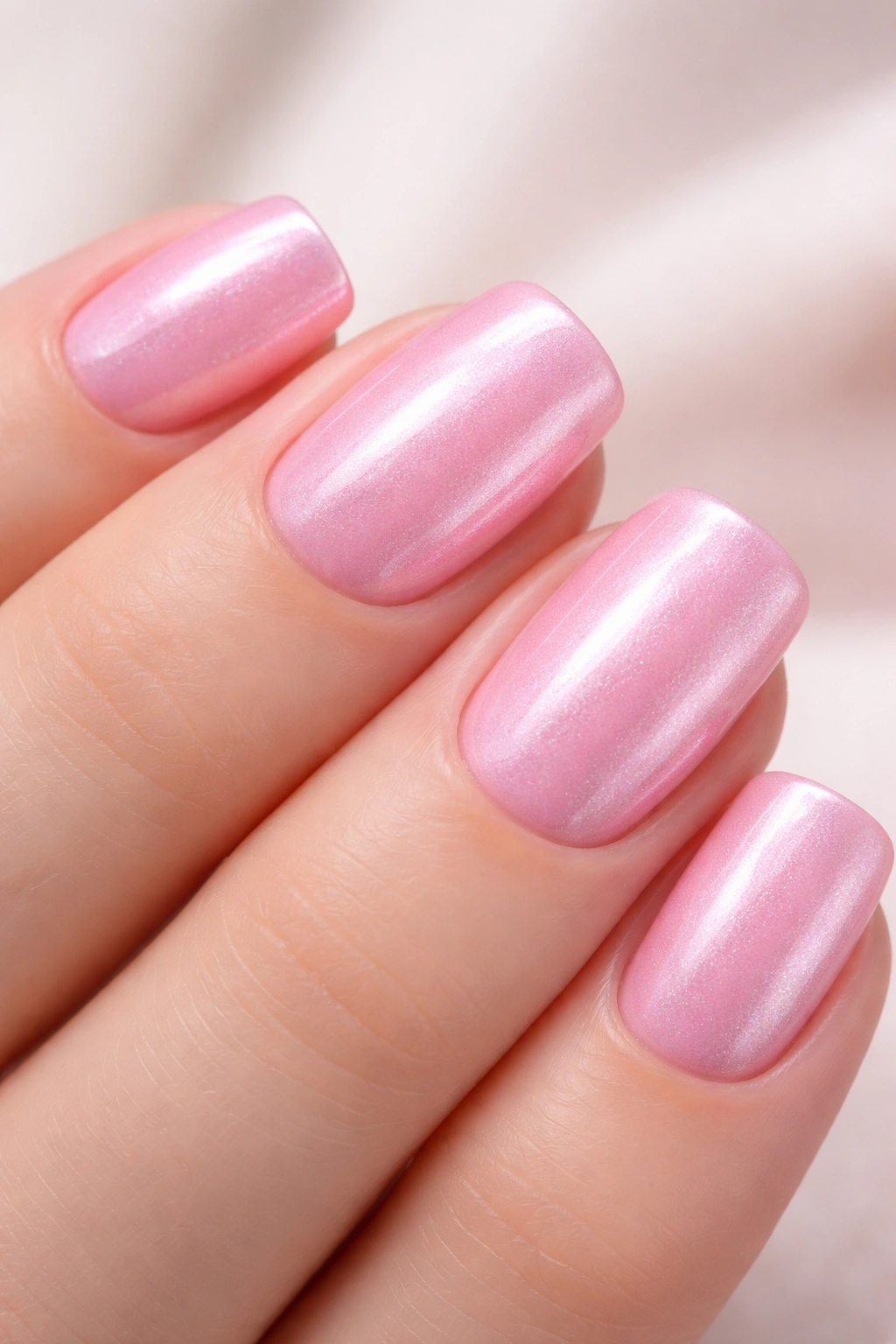 Close-up of short squoval nails with bubblegum pink color and pearlescent finish