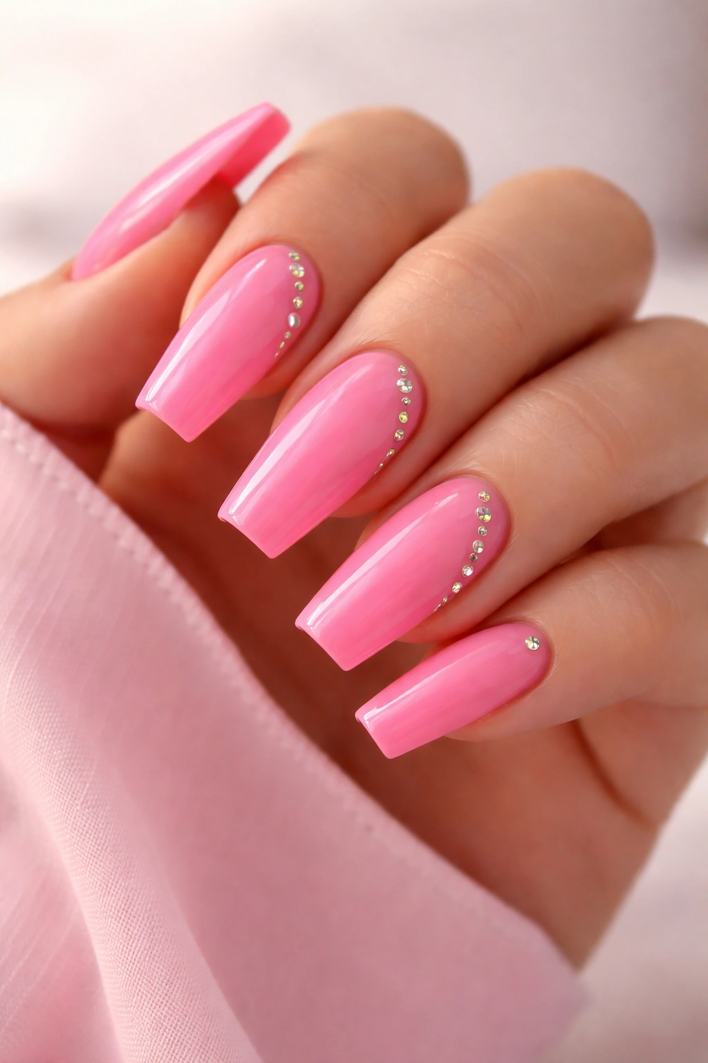 Bubblegum pink coffin nails with tiny rhinestones accents