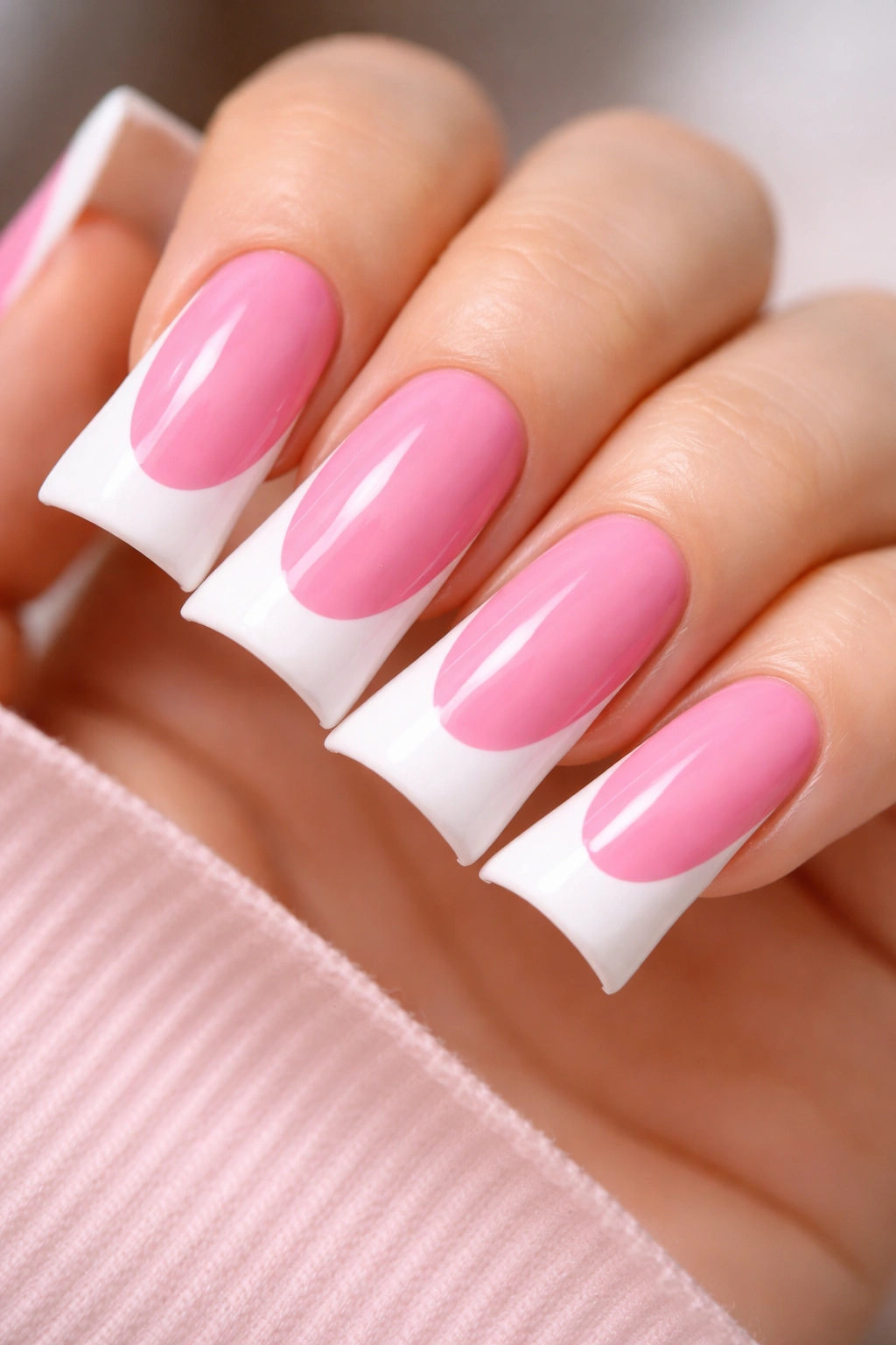 Duck nail with bubblegum pink base and bold white smile line
