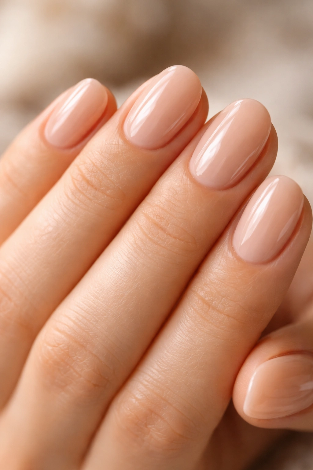 Close-up of short oval nails in glossy buff overlay with neat cuticles