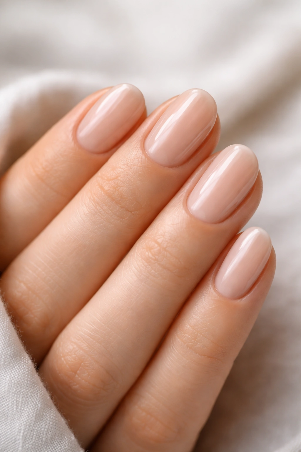Close-up of short oval nails with a buffed, glassy shine.